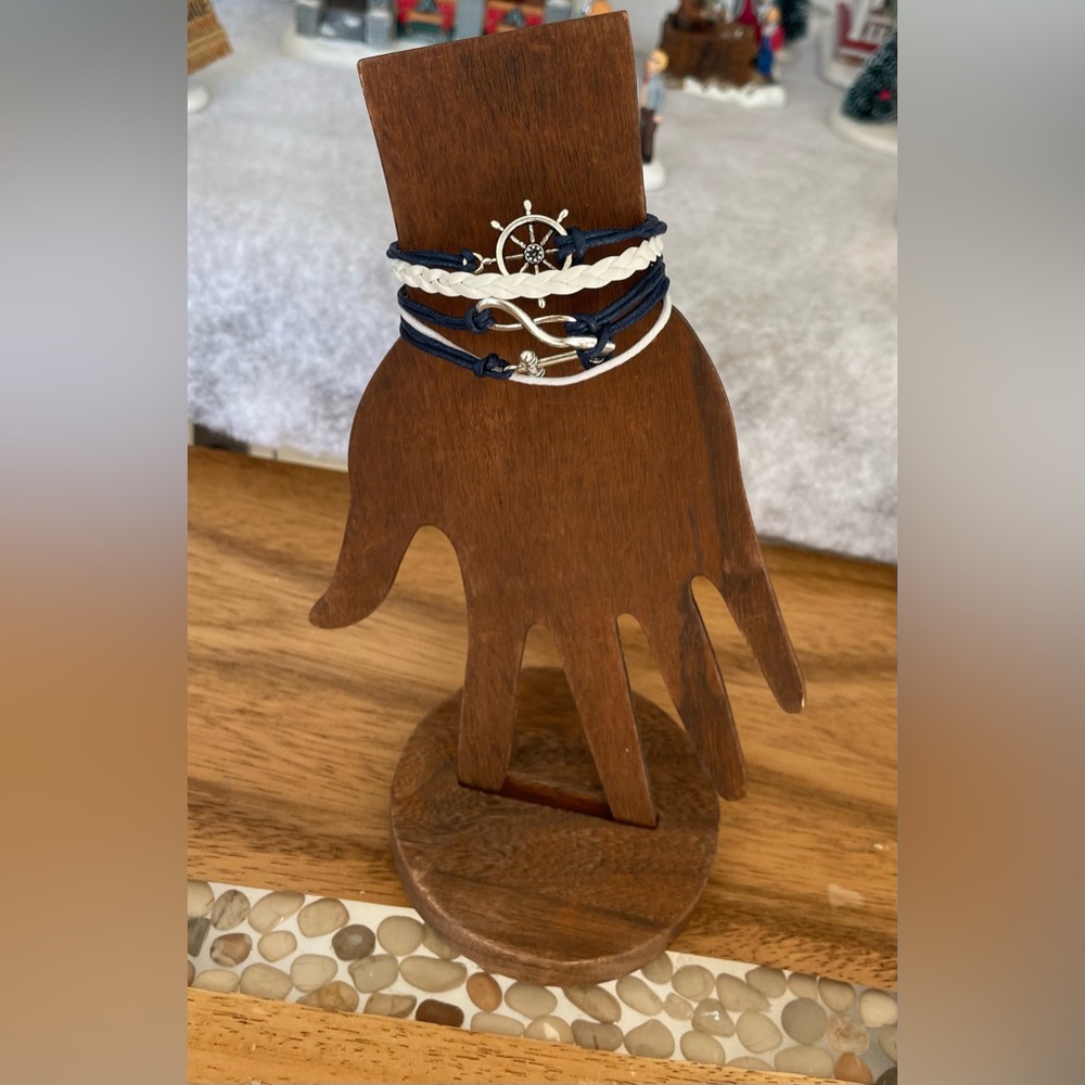 Navy & white Braided leather multi strand nautical themed bracelet